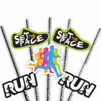 Set The Pace - Running - Paper Straw Decor - Track, Cross Country or Marathon Striped Decorative Straws - Set of 24