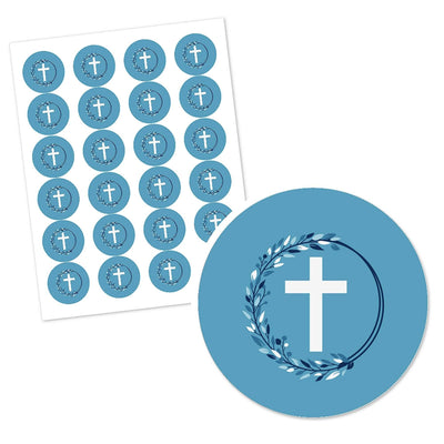 Blue Elegant Cross - Round Personalized Boy Religious Party Circle Sticker Labels - 24 ct