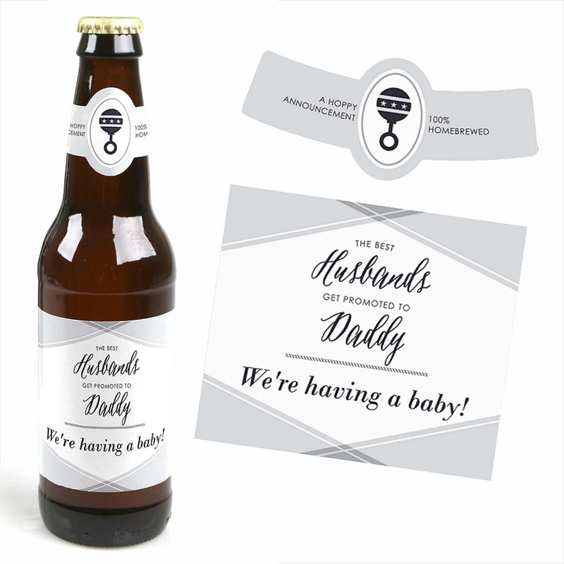 The Best Husbands Get Promoted to Daddy - Decorations for Women and Men - 6 Pregnancy Announcement Beer Bottle Labels and 1 Carrier