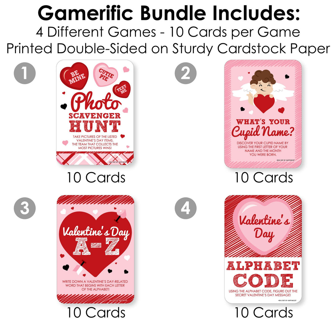Conversation Hearts - 4 Valentine's Day Games - 10 Cards Each - A-Z, Alphabet Code, What's Your Cupid Name and Photo Scavenger Hunt - Gamerific Bundle