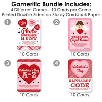 Conversation Hearts - 4 Valentine's Day Games - 10 Cards Each - A-Z, Alphabet Code, What's Your Cupid Name and Photo Scavenger Hunt - Gamerific Bundle