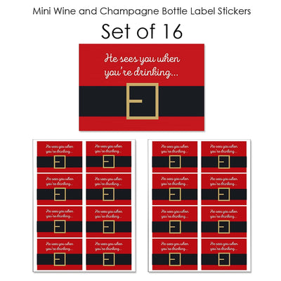 Santa Claus' Belt - Mini Wine and Champagne Bottle Label Stickers - Christmas Party Favor Gift - For Women and Men - Set of 16