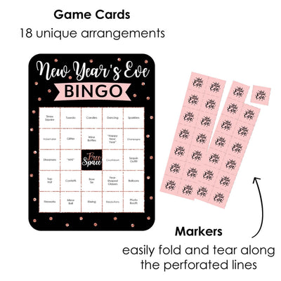 Rose Gold Happy New Year - Bar Bingo Cards and Markers - New Year's Eve Party Bingo Game - Set of 18