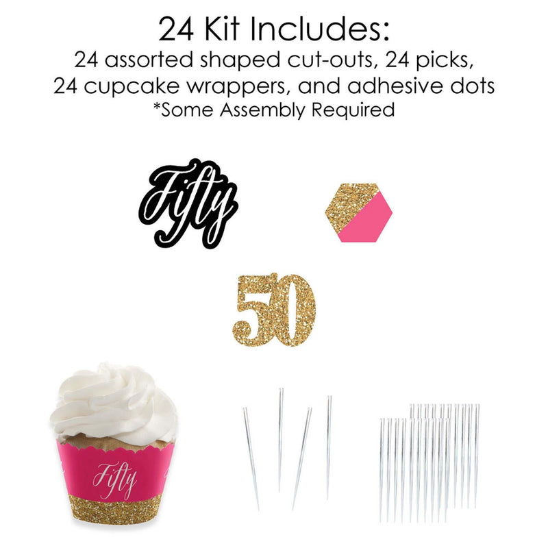 Chic 50th Birthday - Pink, Black and Gold - Cupcake Decorations - Birthday Party Cupcake Wrappers and Treat Picks Kit - Set of 24