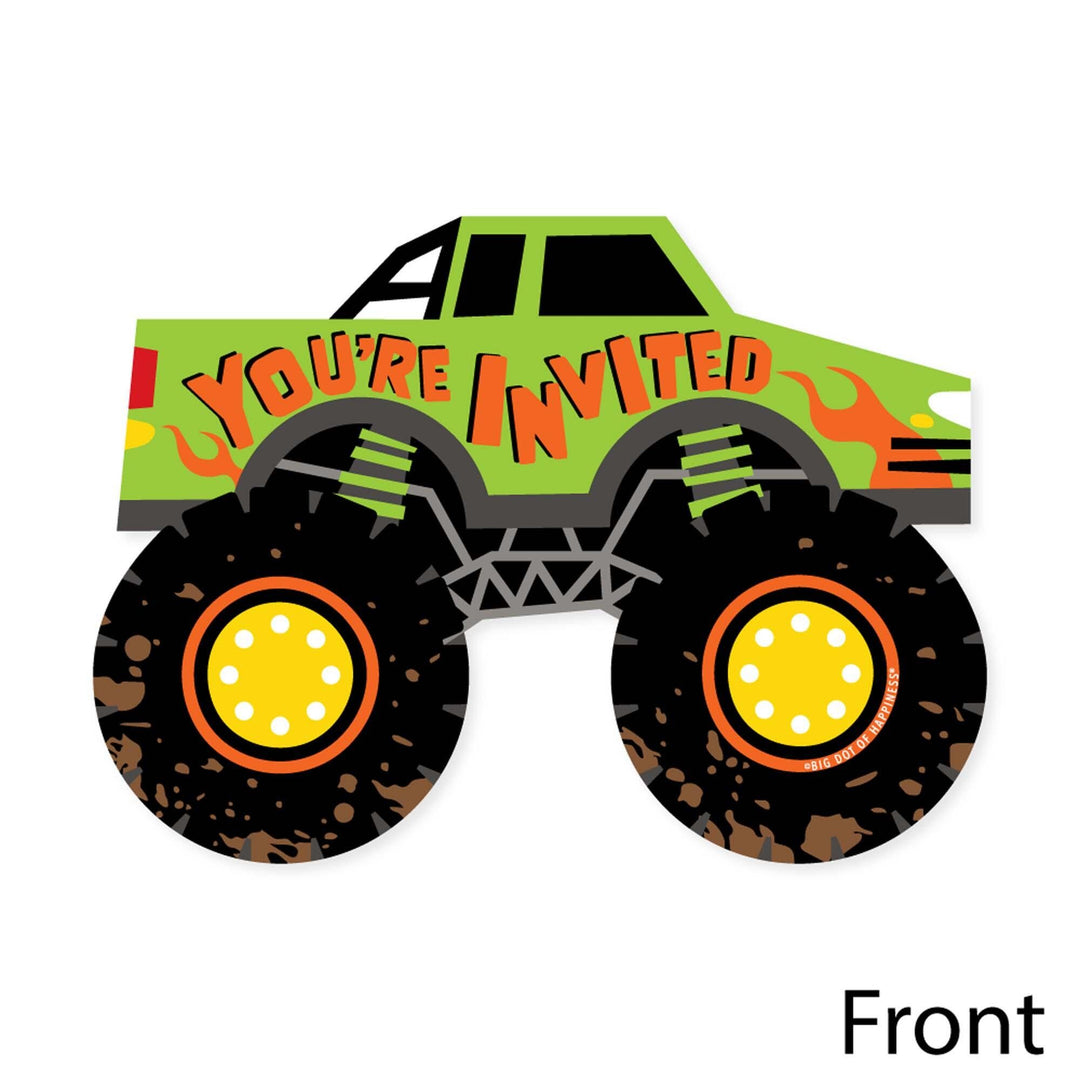 Smash and Crash - Monster Truck - Shaped Fill-In Invitations - Boy Birthday Party Invitation Cards with Envelopes - Set of 12