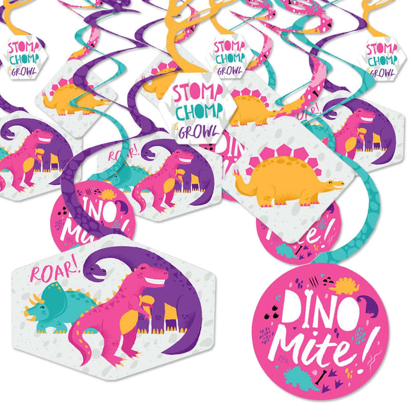 Roar Dinosaur Girl - Dino Mite Trex Baby Shower or Birthday Party Hanging Decor - Party Decoration Swirls - Set of 40