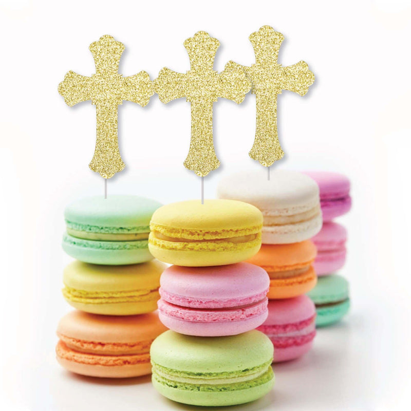 Gold Glitter Cross - No-Mess Real Gold Glitter Dessert Cupcake Toppers - Baptism or Baby Shower Clear Treat Picks - Set of 24