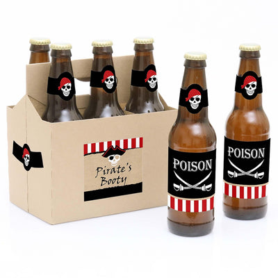 Beware of Pirates - Decorations for Women and Men - 6 Pirate Birthday Party Beer Bottle Label Stickers and 1 Carrier