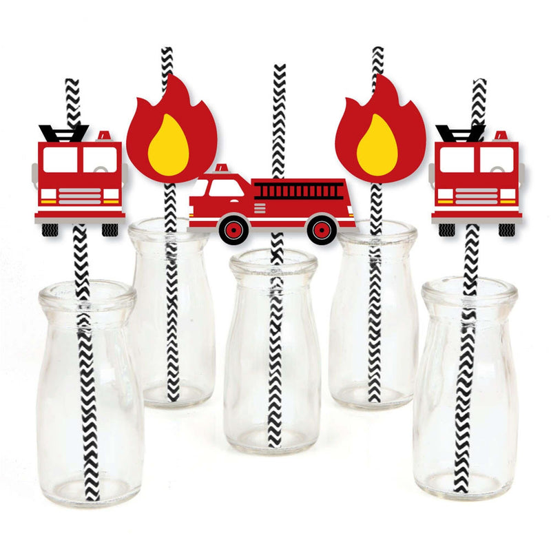 Fired Up Fire Truck - Paper Straw Decor - Firefighter Firetruck Baby Shower or Birthday Party Striped Decorative Straws - Set of 24