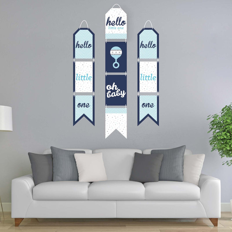 Hello Little One - Blue and Silver - Hanging Vertical Paper Door Banners - Boy Baby Shower Wall Decoration Kit - Indoor Door Decor