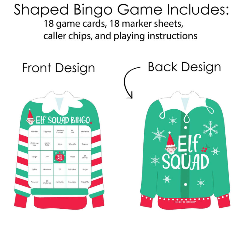 Elf Squad - Bingo Cards and Markers - Kids Elf Christmas and Birthday Party Shaped Bingo Game - Set of 18