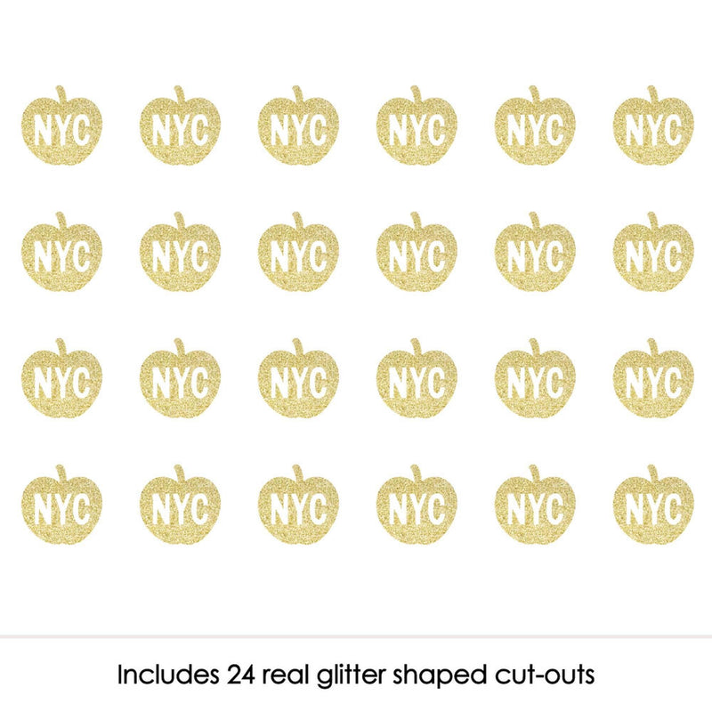 Gold Glitter NYC Apple - No-Mess Real Gold Glitter Cut-Outs - New York City Party Confetti - Set of 24