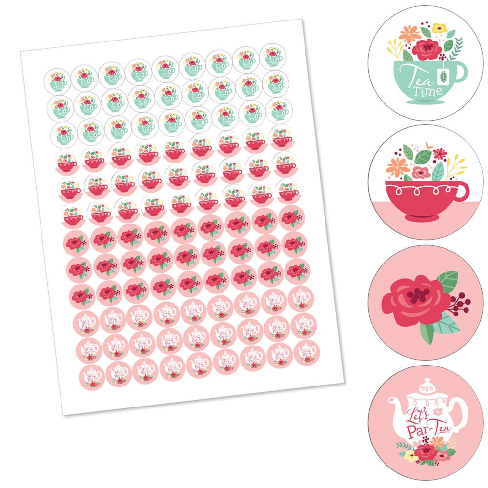 Floral Let's Par-Tea - Garden Tea Party Round Candy Sticker Favors - Labels Fit Hershey's Kisses (1 sheet of 108)