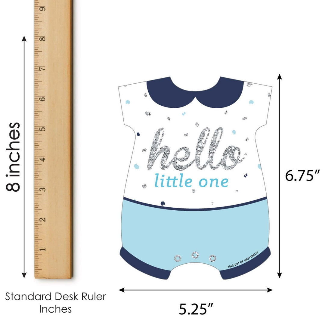 Hello Little One - Blue and Silver - Picture Bingo Cards and Markers - Boy Baby Shower Shaped Bingo Game - Set of 18