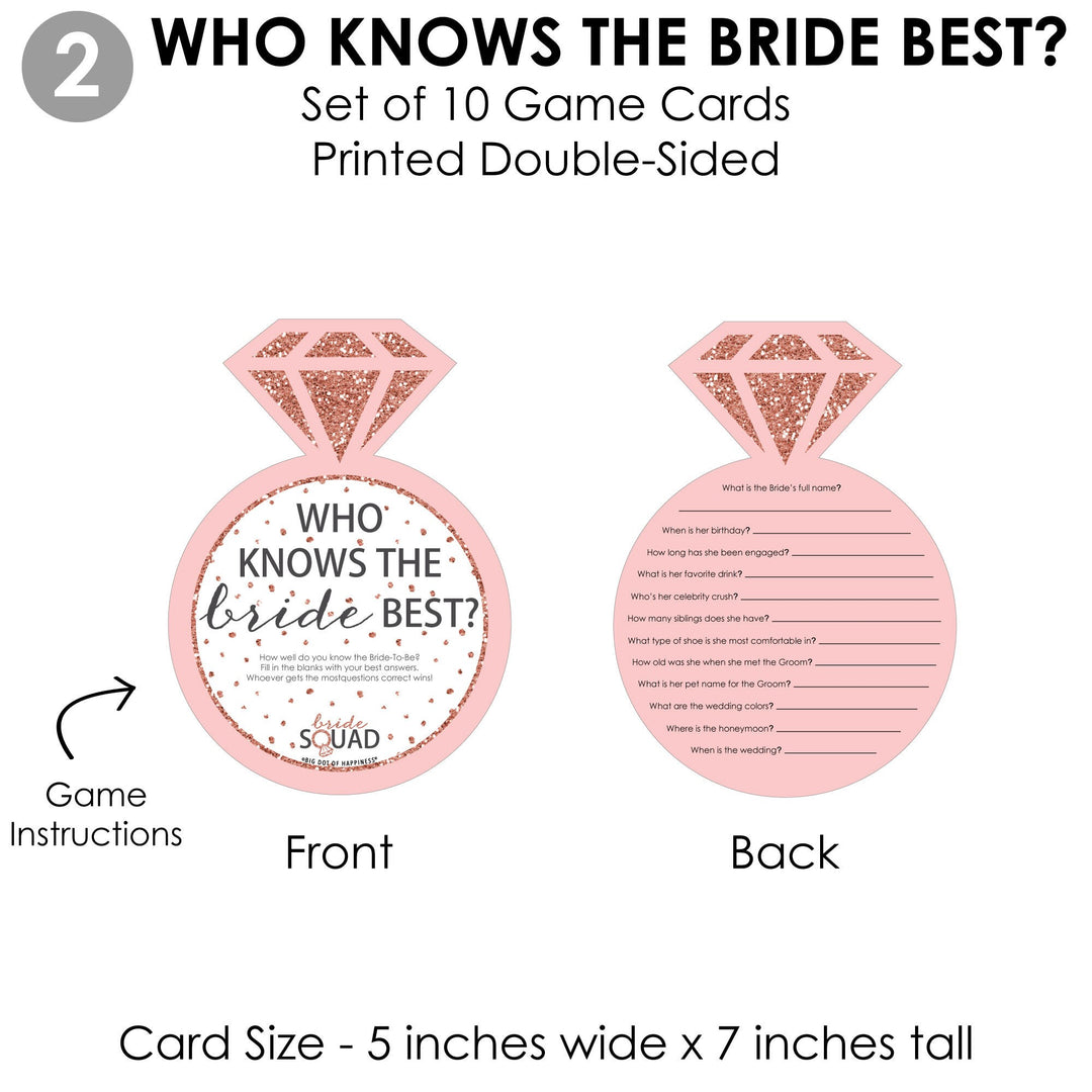 Bride Squad - 4 Rose Gold Bridal Shower or Bachelorette Party Games - 10 Cards Each - Who Knows The Bride Best, Bride or Groom Quiz, What's in Your Purse and Love - Gamerific Bundle