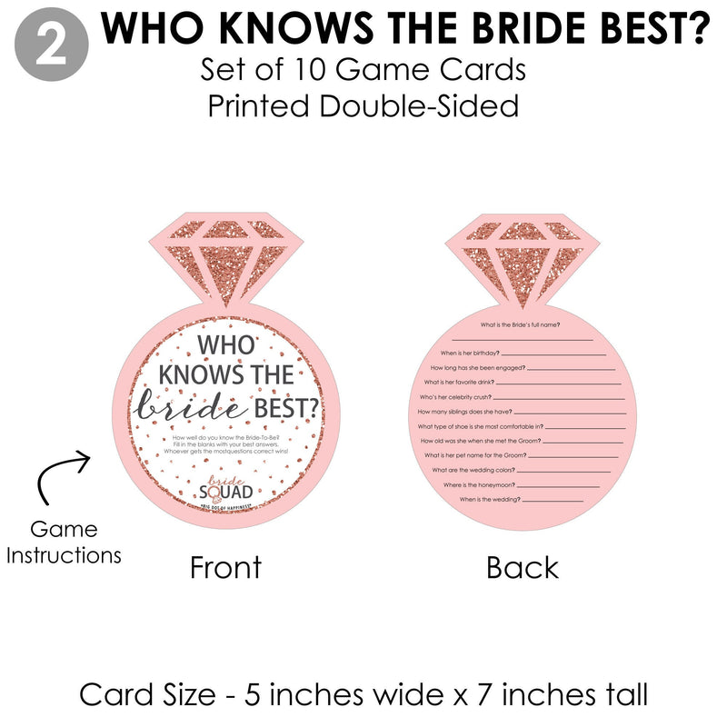 Bride Squad - 4 Rose Gold Bridal Shower or Bachelorette Party Games - 10 Cards Each - Who Knows The Bride Best, Bride or Groom Quiz, What&