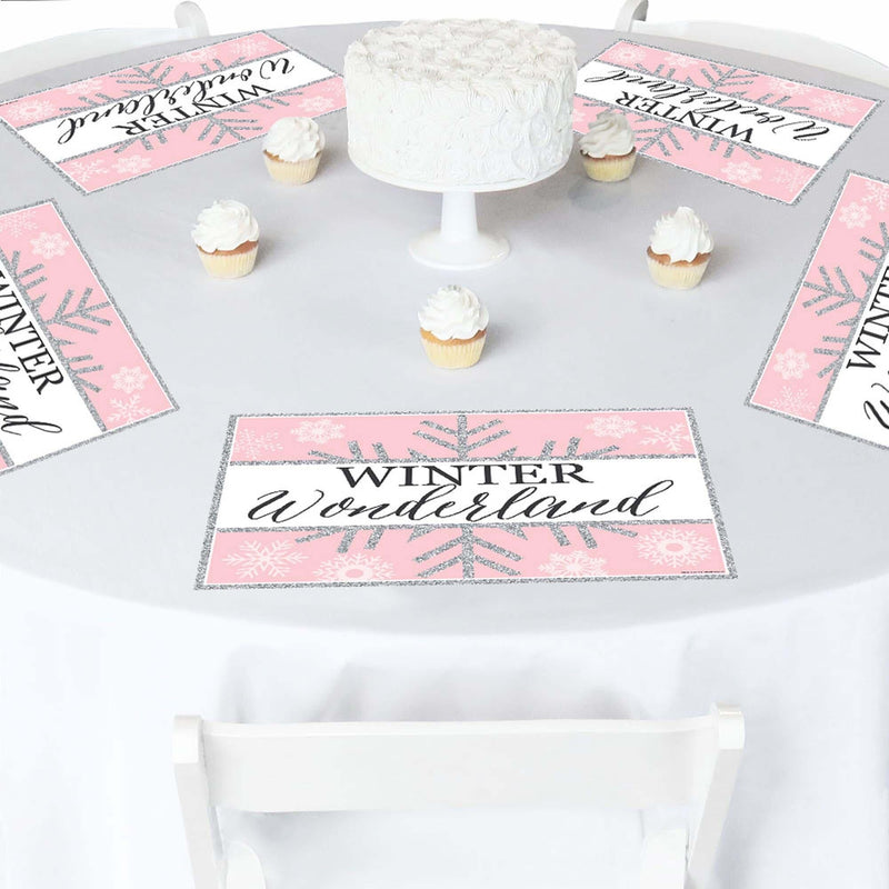 Pink Winter Wonderland - Party Table Decorations - Holiday Snowflake Birthday Party and Baby Shower Placemats - Set of 16