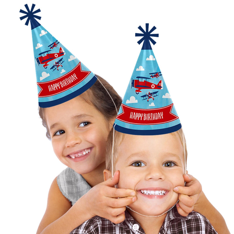 Taking Flight - Airplane - Cone Happy Birthday Party Hats for Kids and Adults - Set of 8 (Standard Size)