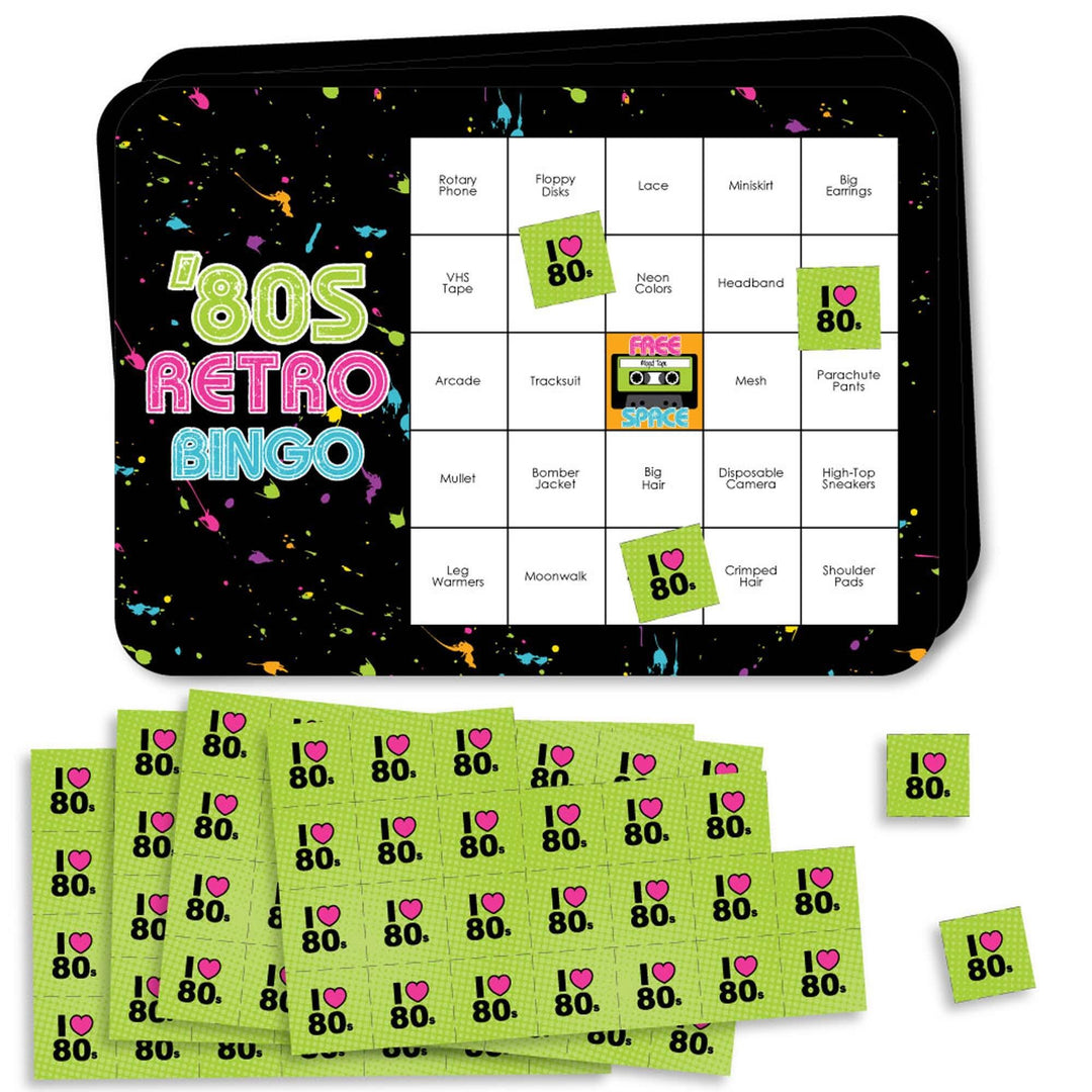 80's Retro - Bar Bingo Cards and Markers - Totally 1980s Party Bingo Game - Set of 18