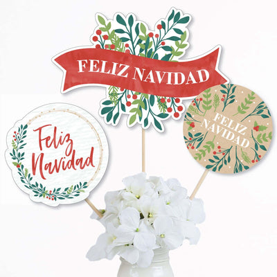 Feliz Navidad - Holiday and Spanish Christmas Party Centerpiece Sticks - Table Toppers - Set of 15