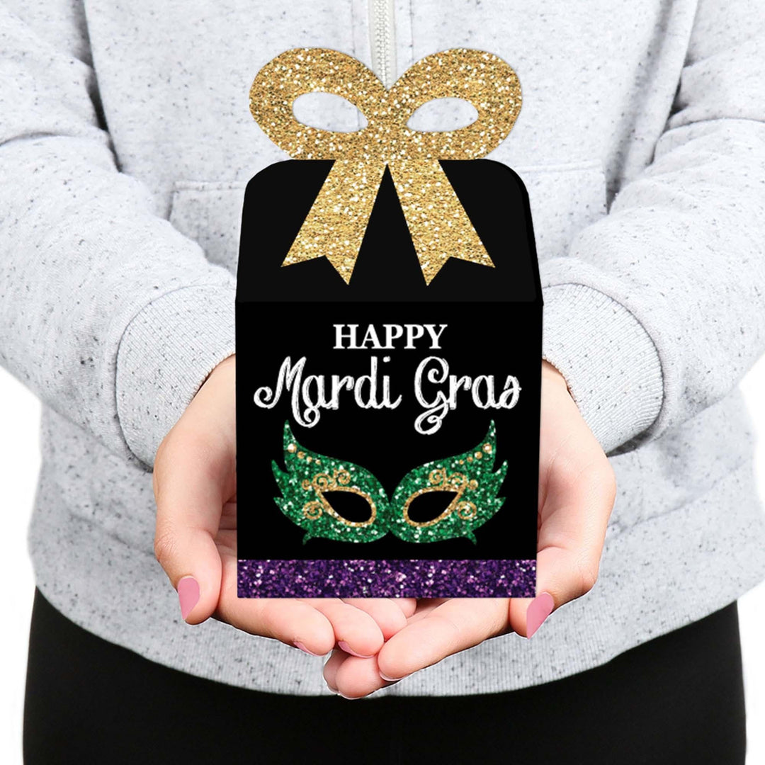 Mardi Gras - Square Favor Gift Boxes - Masquerade Party Bow Boxes - Set of 12