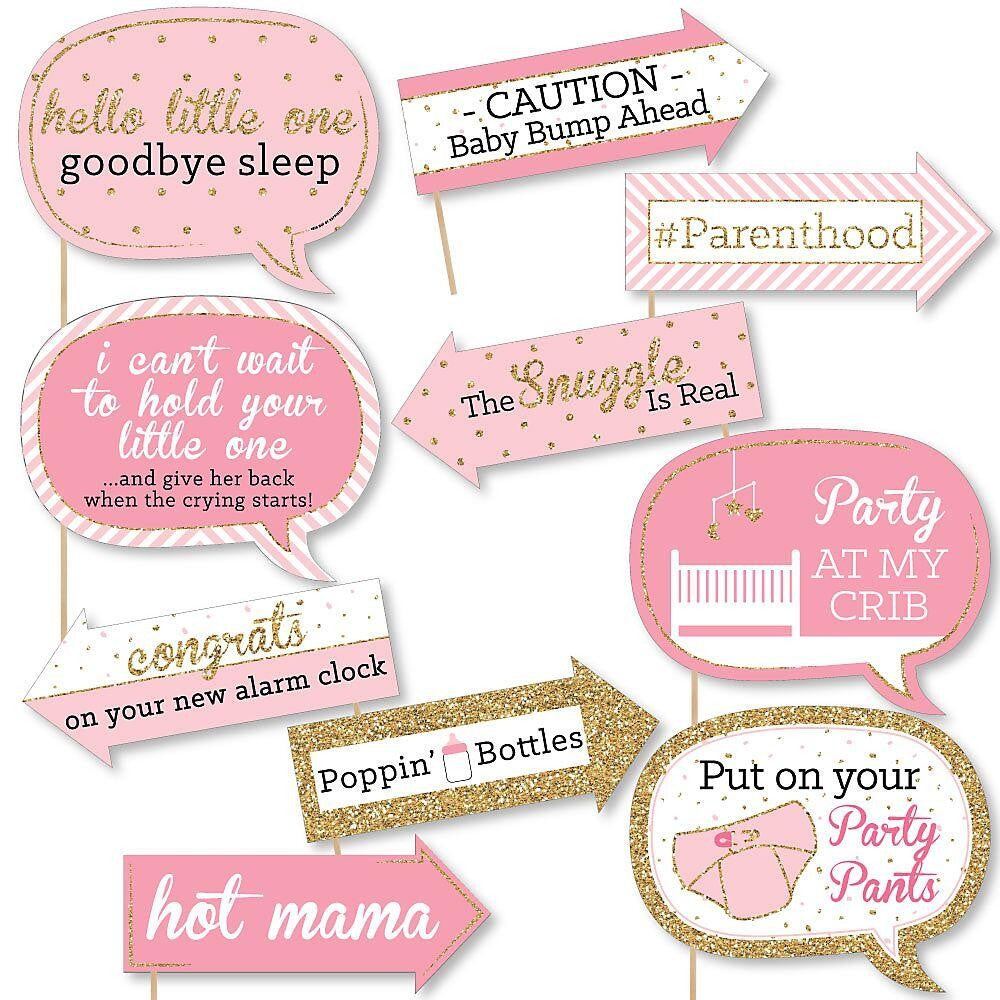 Funny Hello Little One - Pink and Gold - 10 Piece Girl Baby Shower Photo Booth Props Kit