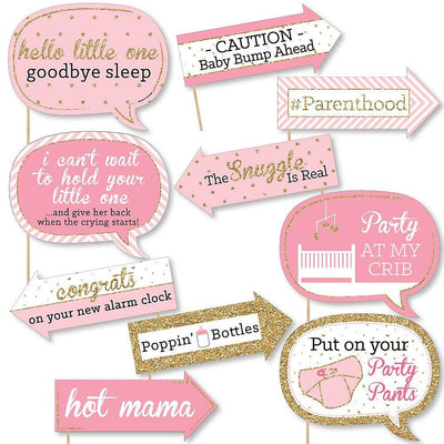 Funny Hello Little One - Pink and Gold - 10 Piece Girl Baby Shower Photo Booth Props Kit