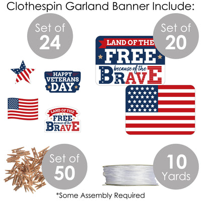 Happy Veterans Day - Patriotic DIY Decorations - Clothespin Garland Banner - 44 Pieces