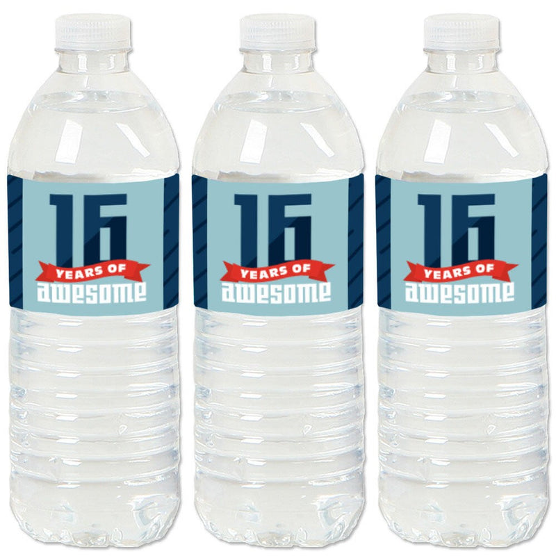 Boy 16th Birthday - Sweet Sixteen Birthday Water Bottle Sticker Labels - Set of 20