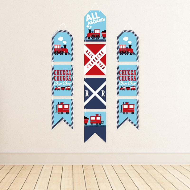 Railroad Party Crossing - Hanging Vertical Paper Door Banners - Steam Train Birthday Party or Baby Shower Wall Decoration Kit - Indoor Door Decor