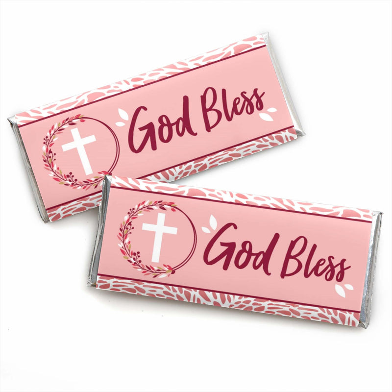 Pink Elegant Cross - Candy Bar Wrapper Girl Religious Party Favors - Set of 24