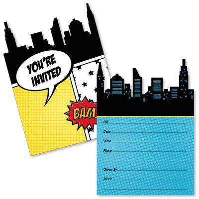 BAM! Superhero - Shaped Fill-In Invitations - Baby Shower or Birthday Party Invitation Cards with Envelopes - Set of 12