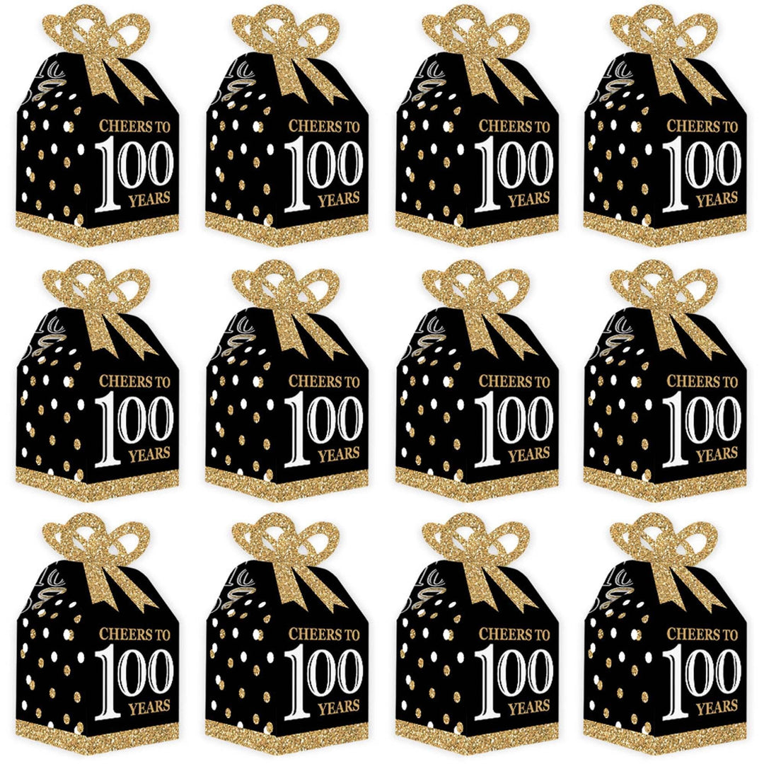 Adult 100th Birthday - Gold - Square Favor Gift Boxes - Birthday Party Bow Boxes - Set of 12