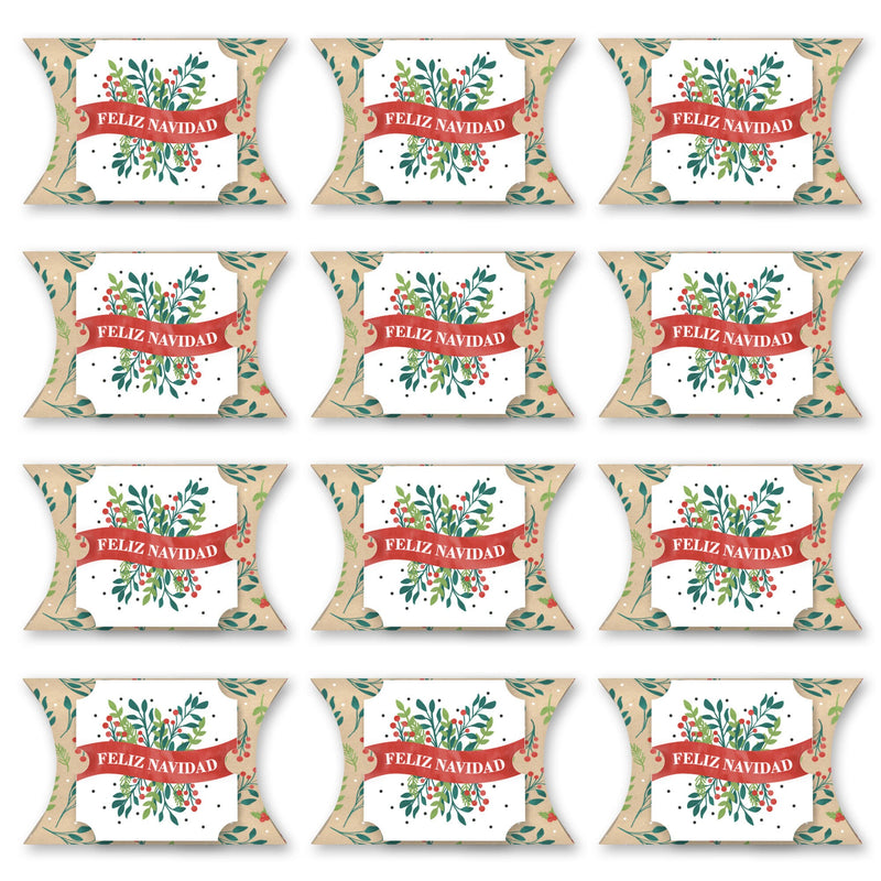 Feliz Navidad - Favor Gift Boxes - Holiday and Spanish Christmas Party Large Pillow Boxes - Set of 12