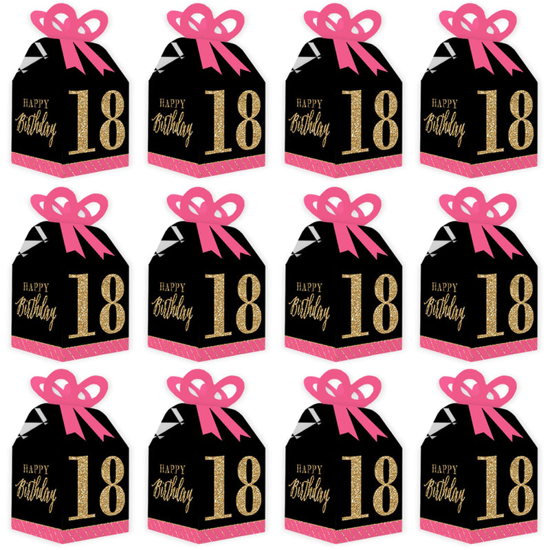 Chic 18th Birthday - Pink, Black and Gold - Square Favor Gift Boxes - Birthday Party Bow Boxes - Set of 12