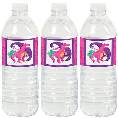 Roar Dinosaur Girl - Dino Mite T-Rex Baby Shower or Birthday Party Water Bottle Sticker Labels - Set of 20