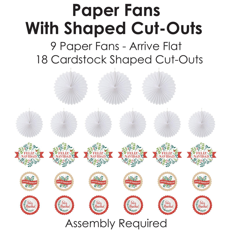 Feliz Navidad - Hanging Holiday and Spanish Christmas Party Tissue Decoration Kit - Paper Fans - Set of 9