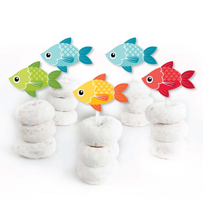 Let's Go Fishing - Dessert Cupcake Toppers - Fish Themed Party or Birthday Party Clear Treat Picks - Set of 24