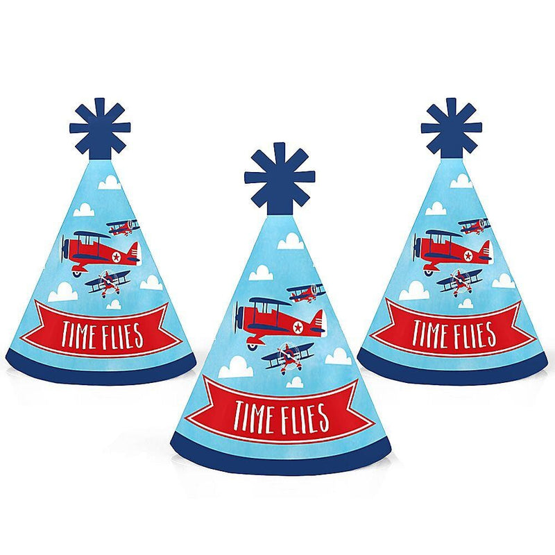 Taking Flight - Airplane - Mini Cone Vintage Plane Baby Shower or Birthday Party Hats - Small Little Party Hats - Set of 8
