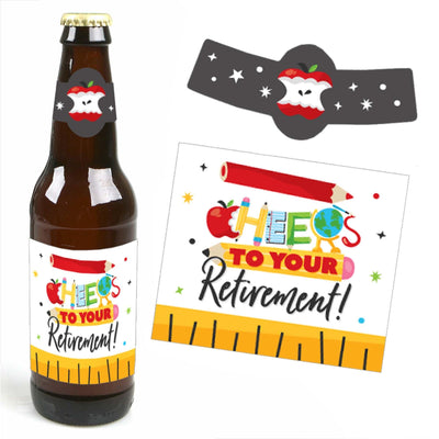 Teacher Retirement - Happy Retirement Party Decorations for Women and Men - 6 Beer Bottle Label Stickers and 1 Carrier