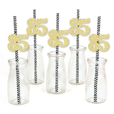 Gold Glitter 85 Party Straws - No-Mess Real Gold Glitter Cut-Out Numbers & Decorative 85th Birthday Party Paper Straws - Set of 24