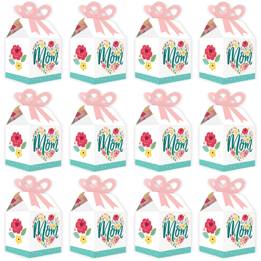 Colorful Floral Happy Mother's Day - Square Favor Gift Boxes - We Love Mom Party Bow Boxes - Set of 12