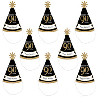 Adult 90th Birthday - Gold - Cone Birthday Party Hats for Adults - Set of 8 (Standard Size)