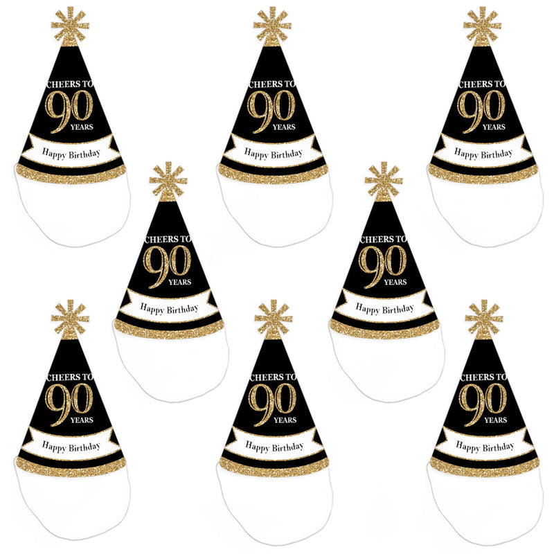 Adult 90th Birthday - Gold - Cone Birthday Party Hats for Adults - Set of 8 (Standard Size)