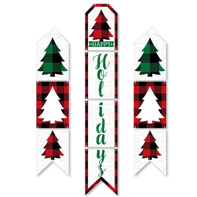 Holiday Plaid Trees - Hanging Vertical Paper Door Banners - Buffalo Plaid Christmas Party Wall Decoration Kit - Indoor Door Decor