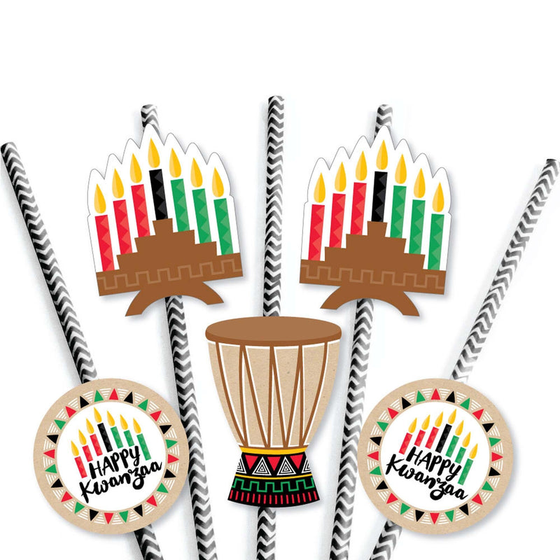 Happy Kwanzaa - Paper Straw Decor - African Heritage Holiday Striped Decorative Straws - Set of 24