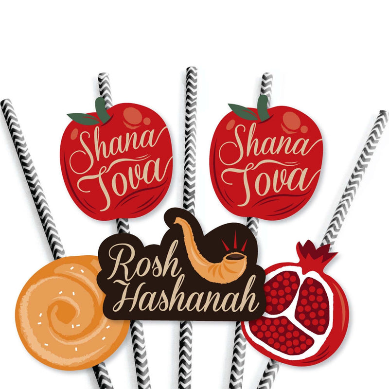 Rosh Hashanah - Paper Straw Decor - Jewish New Year Party Striped Decorative Straws - Set of 24