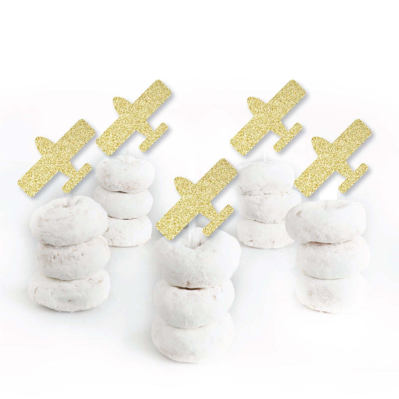 Gold Glitter Airplane - No-Mess Real Gold Glitter Dessert Cupcake Toppers - Baby Shower or Birthday Party Clear Treat Picks - Set of 24