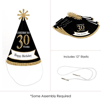Adult 30th Birthday - Gold - Cone Birthday Party Hats for Adults - Set of 8 (Standard Size)