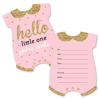 Hello Little One - Pink and Gold - Shaped Fill-In Invitations - Girl Baby Shower Invitation Cards with Envelopes - Set of 12